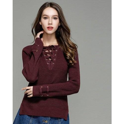 Girls Autumn Thin Knitted Top Ladies Fashion Spring V-neck Long Sleeve Lace Up Big Size Red Wine Sweater Pullover Women Knitwear