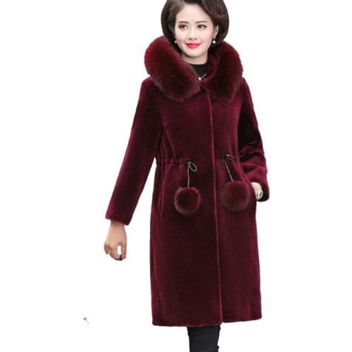 Winter Womens Faux Wool Coat High Quality Faux Coats Warm Hooded Fur Collar Lmitation Water Velvet Long Coat Slim Female Jacket