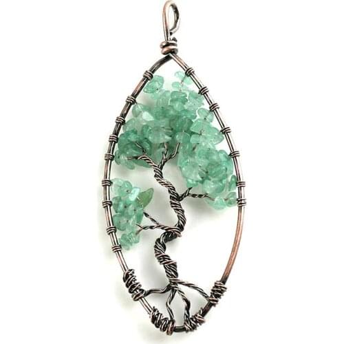 1Pc Fashion Womens Antique Copper Metal Tree of Life Pendant Marquise Green Aventurine Stone Pendants for Necklace Jewelry