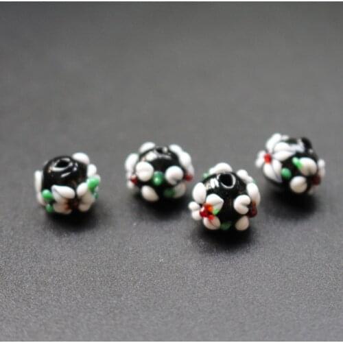 10Pcs/Lot 11mm*9mm 12mm*10mm Lampwork Flower Glass beads Black Color with Outer White flower Fashion beads for jewelry making