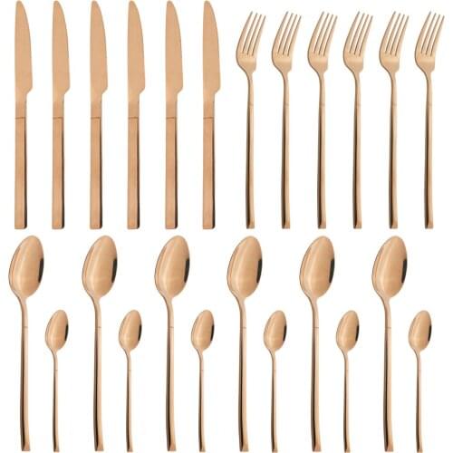 24Pcs Rose Flatware Dinnerware Set Stainless Steel Cutlery Set Knife Dessert Fork Coffee Spoon Tableware Home Kitchen Silverware