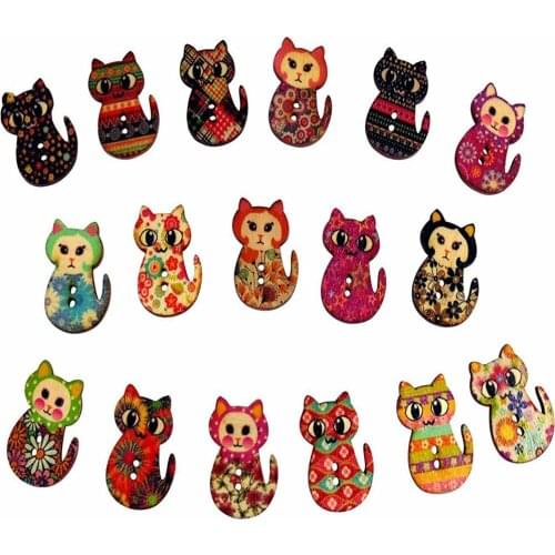 50pcs Wooden Natural Cat Buttons DIY Crafts Embellishments Card Toppers Sewing Accessories 30x20mm
