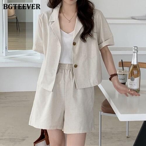 BGTEEVER Casual Women 2 Pieces Blazer Set Short Sleeve Jackets & Elastic Waist Wide Leg Shorts Female Solid Shorts Suits 2021
