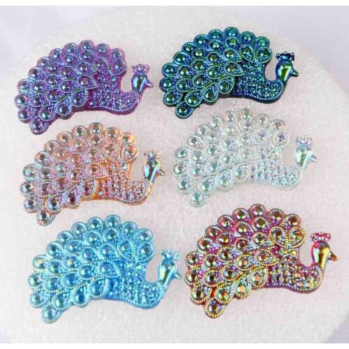BOLIAO 6Pcs 32*48mm Peacock Shape AB Color Resin Flat Back Glue On Bags/Clothes Decoration Handmade Art Work Not Hole R273