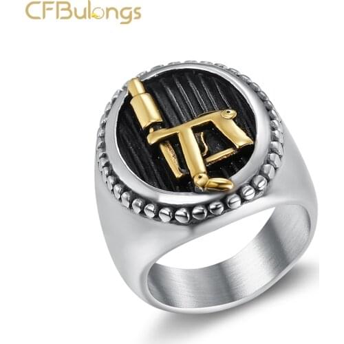 CFBulongs Gothic Tattoo Gun Two-Color Ring 316L Stainless Steel Motorcyclist Men and Women Ring Simple Jewelry