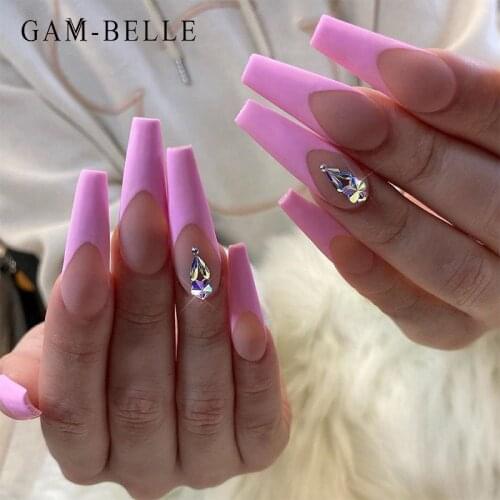 GAM-BELLE Long Coffin False Matte Rose Red With Rhinestone Half French Full Cover Press On Nails Accesorios Manicure Tools