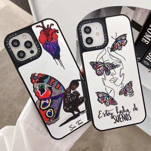 Ins Butterfly Girl Line Painted Phone Case For iPhone 12 11 Pro X XS MAX XR 6 6S 7 8 Plus SE 2020 Cover Hard Shockproof Case