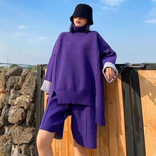 Large size suit 2020 new womens autumn and winter thickened turtleneck sweater shorts two piece set