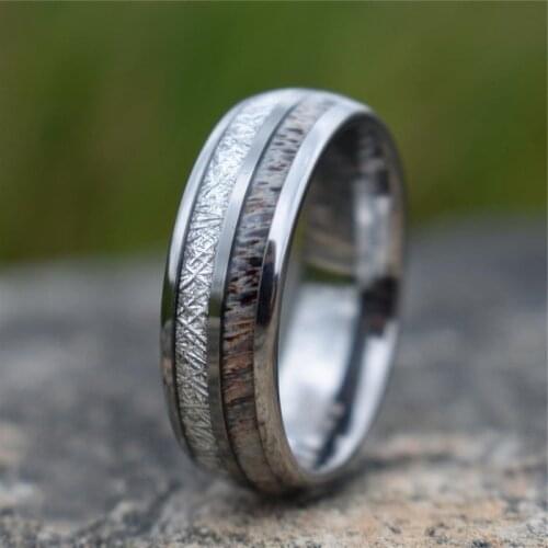 Fashion 8mm Mens Stainless Steel Ring Inlay Deer Antler And Meteorite Ring Silvery Brushed Mens Wedding Band Jewelry Gift