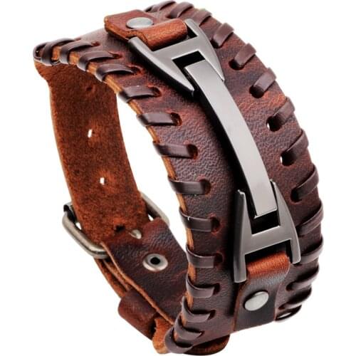 Trendy Brown Punk Genuine Leather Bracelets Bangle Belt Buckle Warp Bracelet Men Vintage Jewelry Christmas Gift WYQR2366