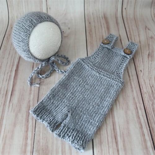Soft Gray Knitted Baby Boy Romper and Hat Set Newborn Hat and Overalls Props Knitted Newborn Bonnet Romper Set Baby Clothes Prop