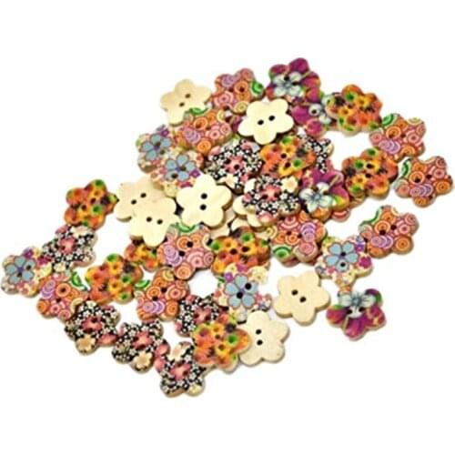 Pack of 100 Flower Print 2 Holes Wooden Wintersweet Buttons, for DIY, Sewing, Scrapbooking, 7NK157