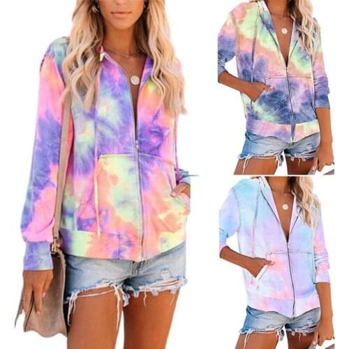 Neon Colorful Tie Dye Zip-up Hoodies Women Pockets Drawstring Hooded Coats Casual Rainbow Hoodie Female Long Sleeve Hoddies Tops