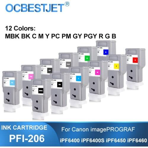PFI-206 Compatible Ink Cartridge With Full Ink For Canon imagePROGRAF iPF6400 iPF6400S iPF6450 iPF6460 Printer 12Colors/Set