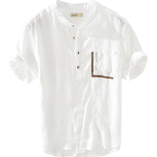 Pure Linen Short Sleeve Shirt for Men Summer New Japanese Fashion Pullover Tops Male Solid White Vintage Slim Fit Hemp Shirt