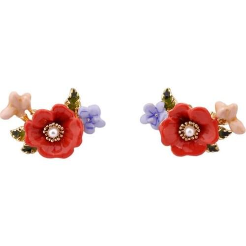 French petty bourgeois fashion enamel glaze pink flower stud earrings female green leaf peony 925 silver needle niche earrings