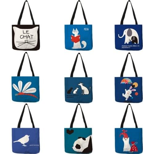 Blue Navy Color Female Handbag Cartoon Animal Design Panda Bird Cat Dog Print Tote Bags Women Girls Practical Accessories