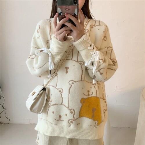 Oversize Bear Ribbon Lace up Sleeve Cute Womens Sweater Pullovers Long Sleeve Fall,Winter Sweaters Cute Girls