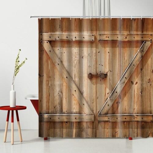 Rustic Wooden Gate Shower Curtain Vintage Wood Garage Barn Door Pattern Bathroom Decor Curtain Set With Hooks Bath Accessories