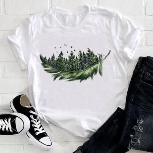 Women 2021 Feather Bird Short Sleeve Printing Spring Fashion Lady Clothes Print Tshirt Female Tee Top Ladies Graphic T-shirt