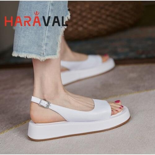HARAVAL Women Sandals Shoes Genuine Leather Thick Bottom Adult Waterproof Platform Buckle Strap White Pink Footwear Shoe B356