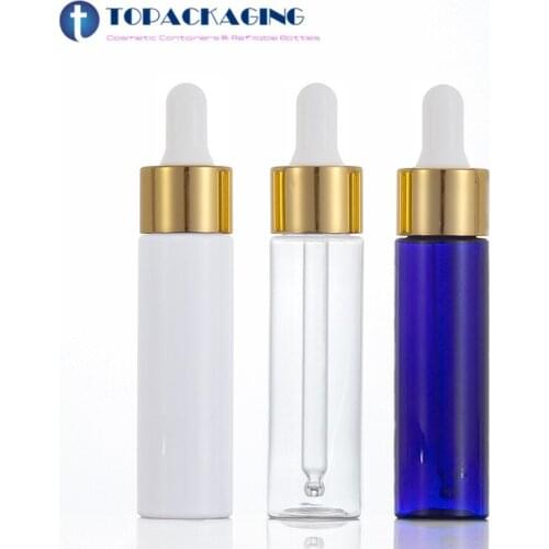 50PCS*30ML Silica Gel Dropper Bottle Blue Plastic Cosmetic Container Golden Anodized Aluminum Screw Cap Empty Essential Oil Pack