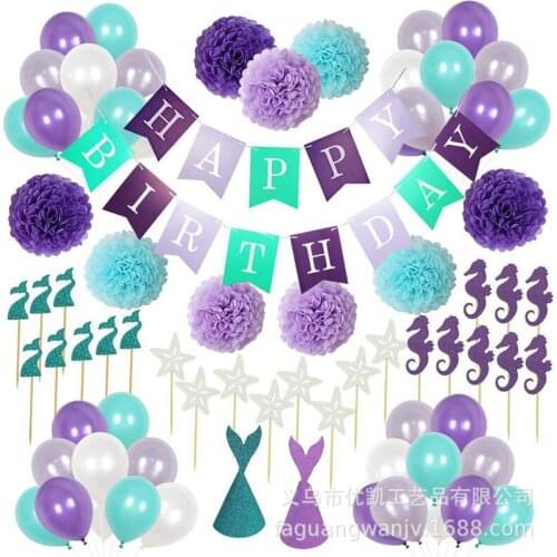 76Pcs/Set Mermaid theme party decoration supplies kids birthday DIY pull flag cake insert party hat balloon