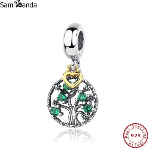 Authentic 100% 925 Sterling Silver Bead Charm Green CZ Family Tree Dangle Fit Original Charms Bracelets Necklaces For Jewelry