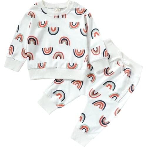 Children Rainbow Print Clothes Set Girls Long Sleeve O-neck T-shirt + Drawstring Trousers Autumn Spring Outfits