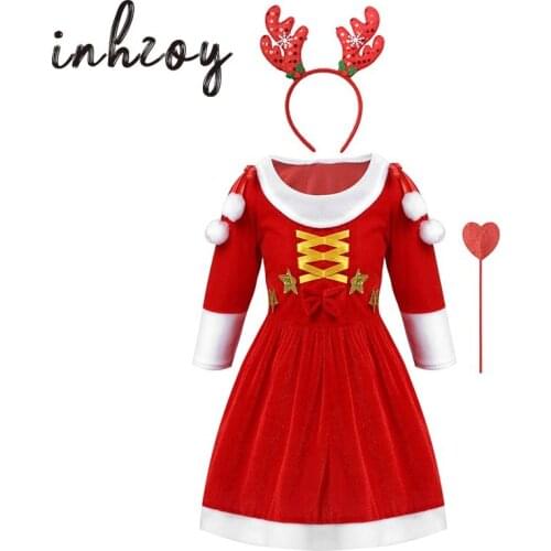Kids Xmas Clothes New Year Winter Long Sleeve Sequins Red Dress Up Holiday Santa Reindeer Cosplay Party Girls Christmas Costume