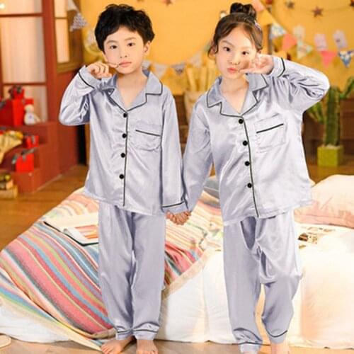 Button-Down Spring Autumn Children Satin Pajamas Sets Kids Girls Solid Silk Long Sleeve 2 Pieces Tops+Pants Sleepwear Pyjama