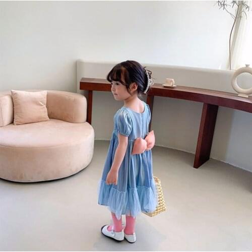 Girls 2021 Summer New Straight Dress Sweet Cute Crew Children Simple Neck Round Solid Color Loose Knee-Length Dress