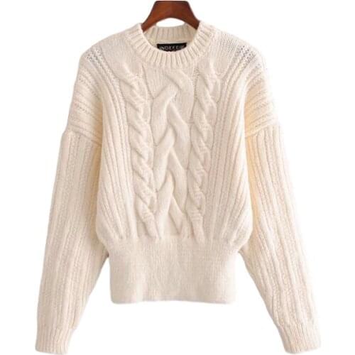 Elegant Women O-Neck Patchwork Sweater 2020 Fashion Ladies Thick Knitted Tops Streetwear Female Chic Twist Solid White Pullover