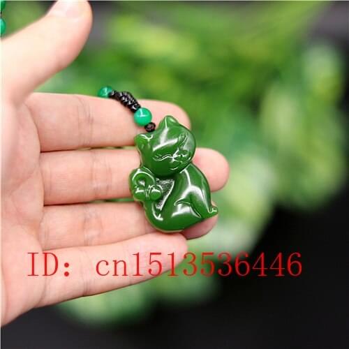 Chinese Green Jade Cat Pendant Necklace Charm Jadeite Jewelry Carved Amulet Fashion Accessories Gifts for Women Men