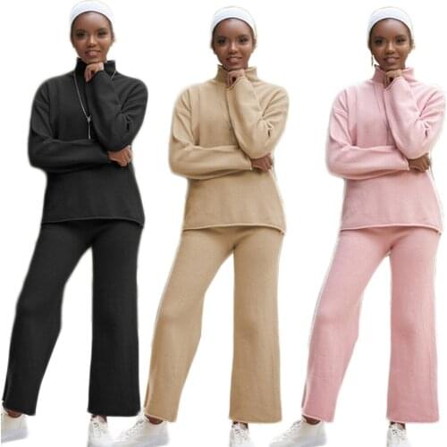 Two Pieces Set Pullover Sweater Tracksuit Women High Waist Knit Wide Leg Pants Muslim Suit 2 Piece Set Women Winter 2020 Fashion