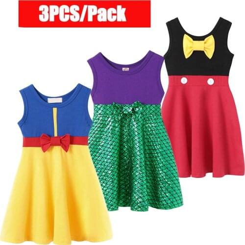 3 Pieces/Pack Girls Summer Dresses Cotton Clothing Casual Home Wear Children Princess Role Play Game Outfit 2 3 4 5 6 7 8 Yrs