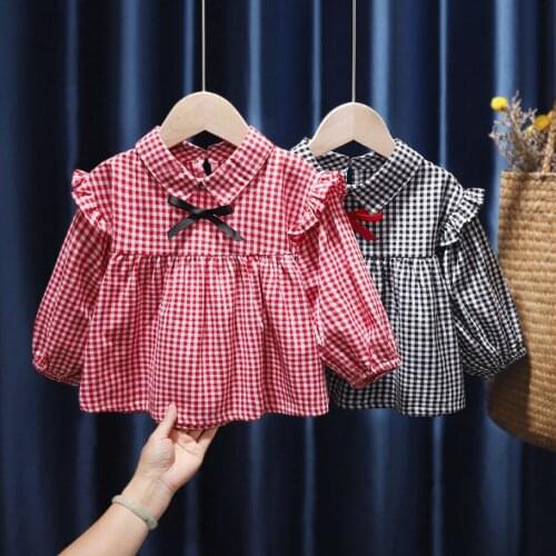 Cute Baby Girls Clothes Fashion Plaid Kids Girl Shirts Childrens Ruffle Long Sleeve Cotton Classic Casual Tops Toddler Blouse
