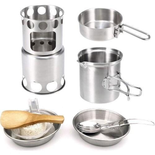 Camping Pot Set Foldable Handle Camping Pans Wood Stove 304 Stainless Steel Cook Kit Cookware Hiking Outdoor Picnic