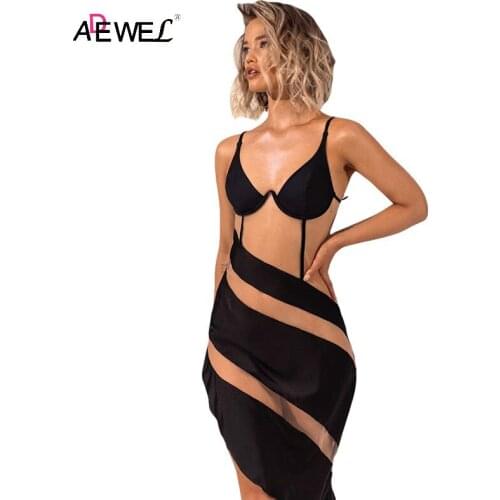ADEWEL Spaghetti Strap Dress Women Sexy Transparent Mesh Patchwork Mesh Dress2021 Ladies Summer Party Club Slim Dresses Vestidos