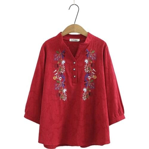 Plus Size 3/4 Sleeve Floral Embroidery Tops Womens Vintage Spring Summer Full Cotton Shirts Oversized Casual t shirts