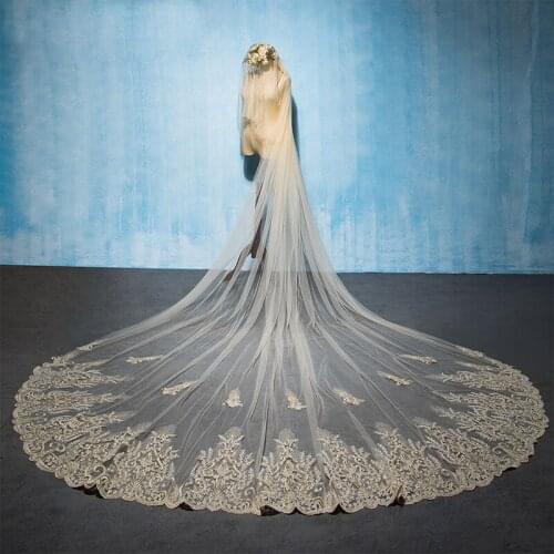 2019 Luxury Lace Appliqued Wedding Veil Long 3*3M Cathedra Bridal Veil Champange One Layer