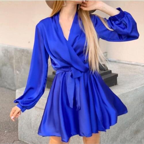 V-Neck Slip Dresses Lantern Sleeve A-Line Fashion Women Casual Satin Elegant Night Club Party Dress Womens Streetwear Vestidos