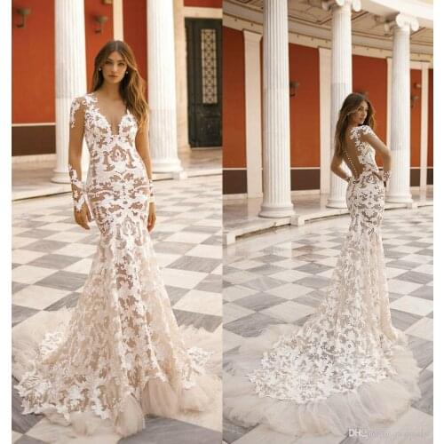 Sexy Mermaid Lace Wedding Dresses With Long Sleeve Appliqued Tulle Illusion Bodice Wedding Gowns Bridal Dress Vestidos De Nnovia