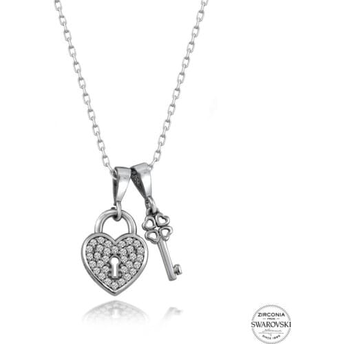 Silver 925 Sterling Swarovski Zirconia Cubic Zirconia Lock & Key Necklace