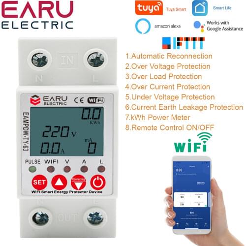 2P 63A TUYA APP WiFi Smart Circuit Earth Leakage Over Under Voltage Protector Relay Device Switch Breaker Energy Power kWh Meter