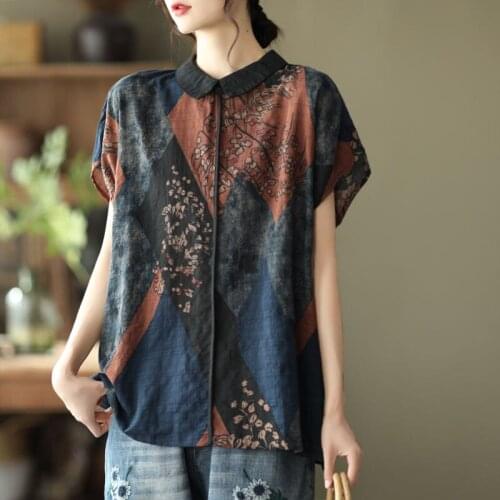 Oversized 5XL Cotton Linen Women Shirts Vintage 2021 Short-Sleeved Printed Loose Casual Female Outwear Blouse Tops