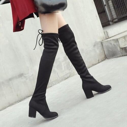 2020 Black Elastic Flock Slim Fit Over The Knee Boots Women Lace up ladies High heel Chunky heel Long Thigh High botas Shoes