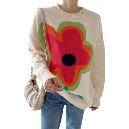Women Color Block Sweater, Adults Loose Flower Pattern Round Neck Long Sleeve Pullover Spring Autumn