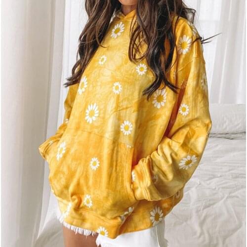 2020 Women Hoodies Autumn Warm Tie Dyed Casual Loose Sweatshirt Elegant Long Sleeve Chrysanthemum Print Pullover Top