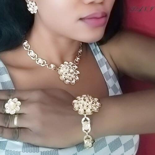 Fani Fashion Wedding Woman Bridal Costume Jewelry Set Dubai Gold Mysterious Charming Necklace earrings bracelet ring Jewelry set